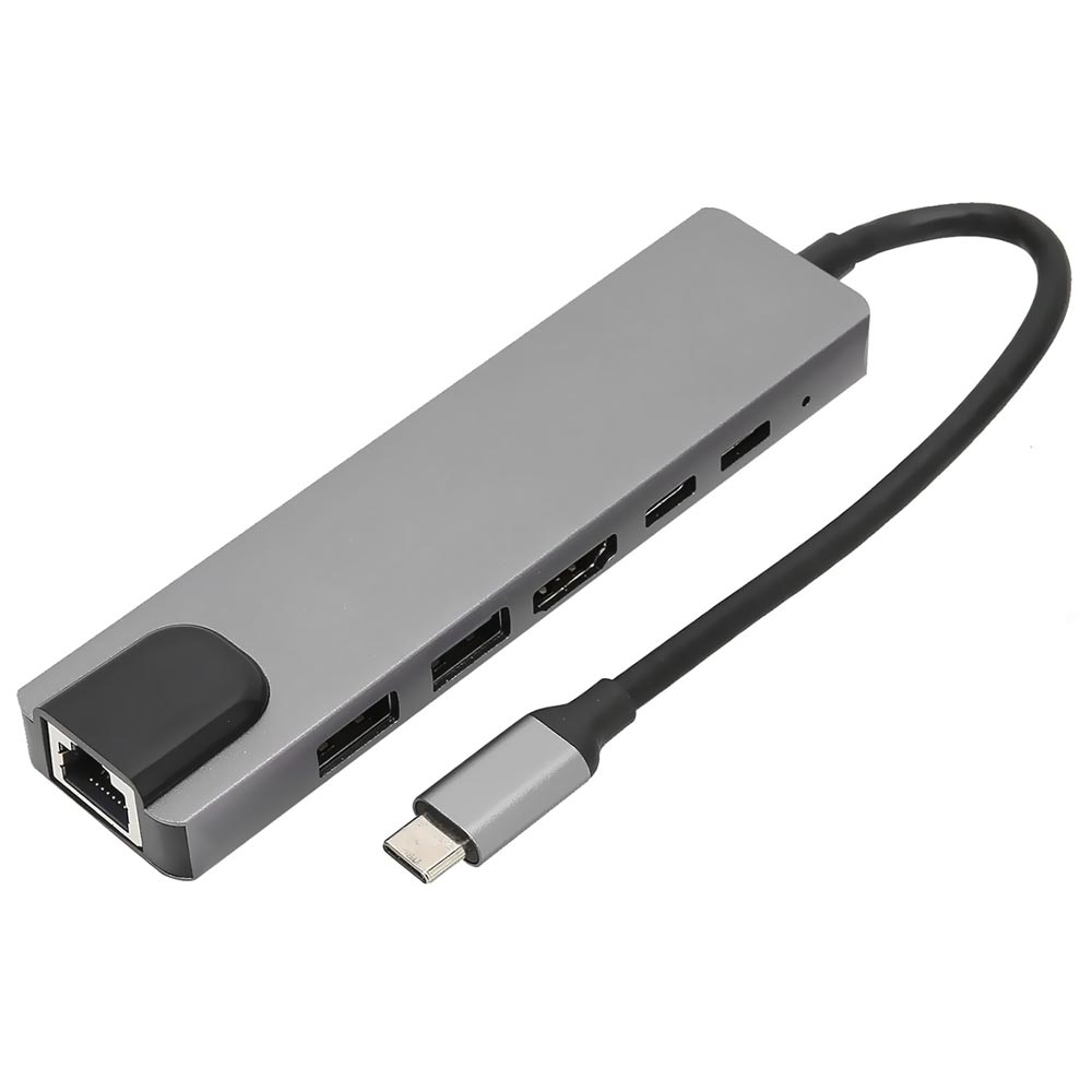 Hub USB Type-C 3.1 6 Portas / HDMI / 2 USB 3.0 / RJ-45 / 2 Type-C Fêmea - Preto / Cinza