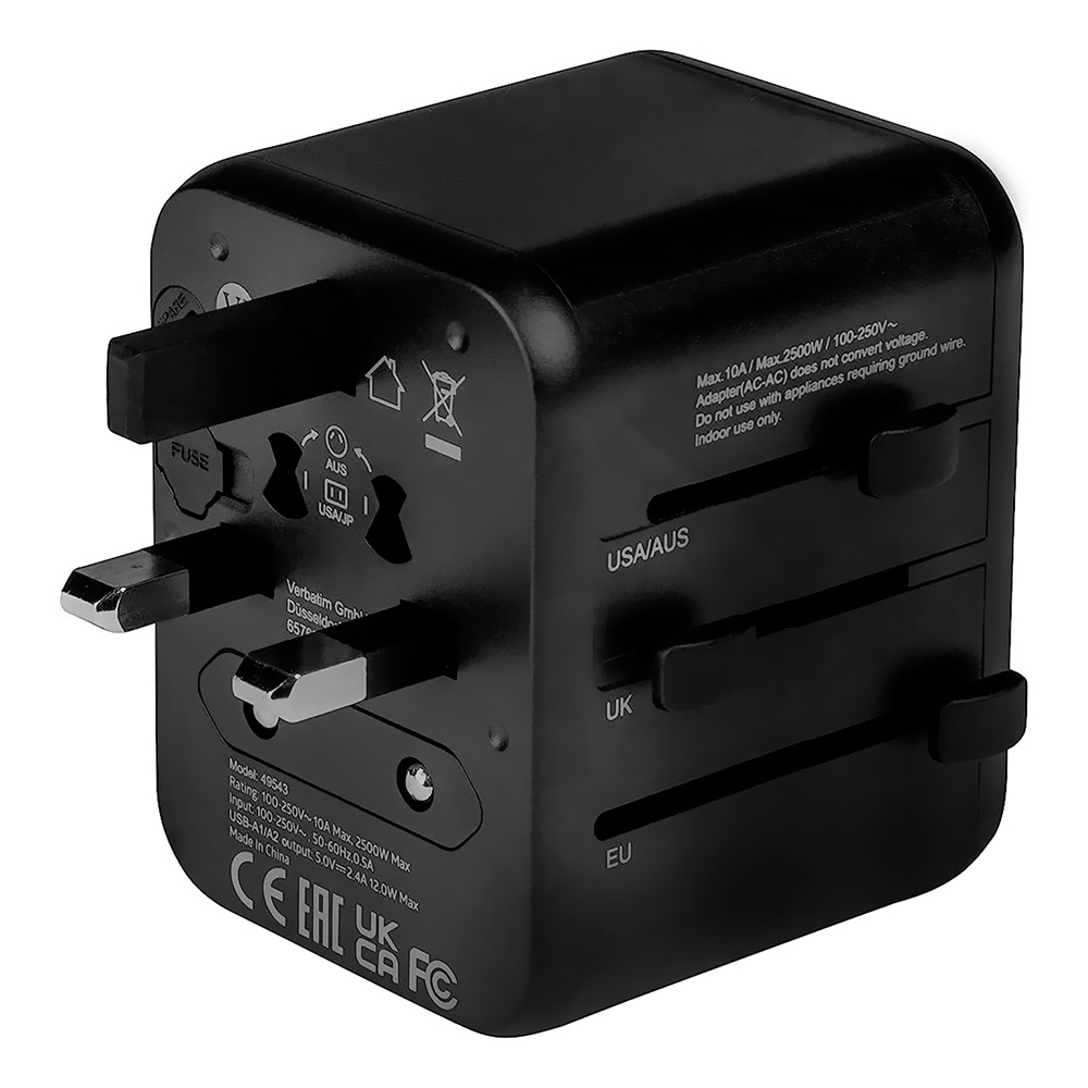 Adaptador Tomada Universal Verbatim UTA-01 / 2 USB / 12W - Preto