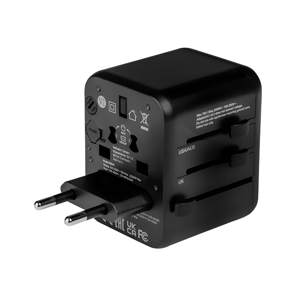 Adaptador Tomada Universal Verbatim UTA-02 / USB-C / USB QC 3.0 / 20W - Preto