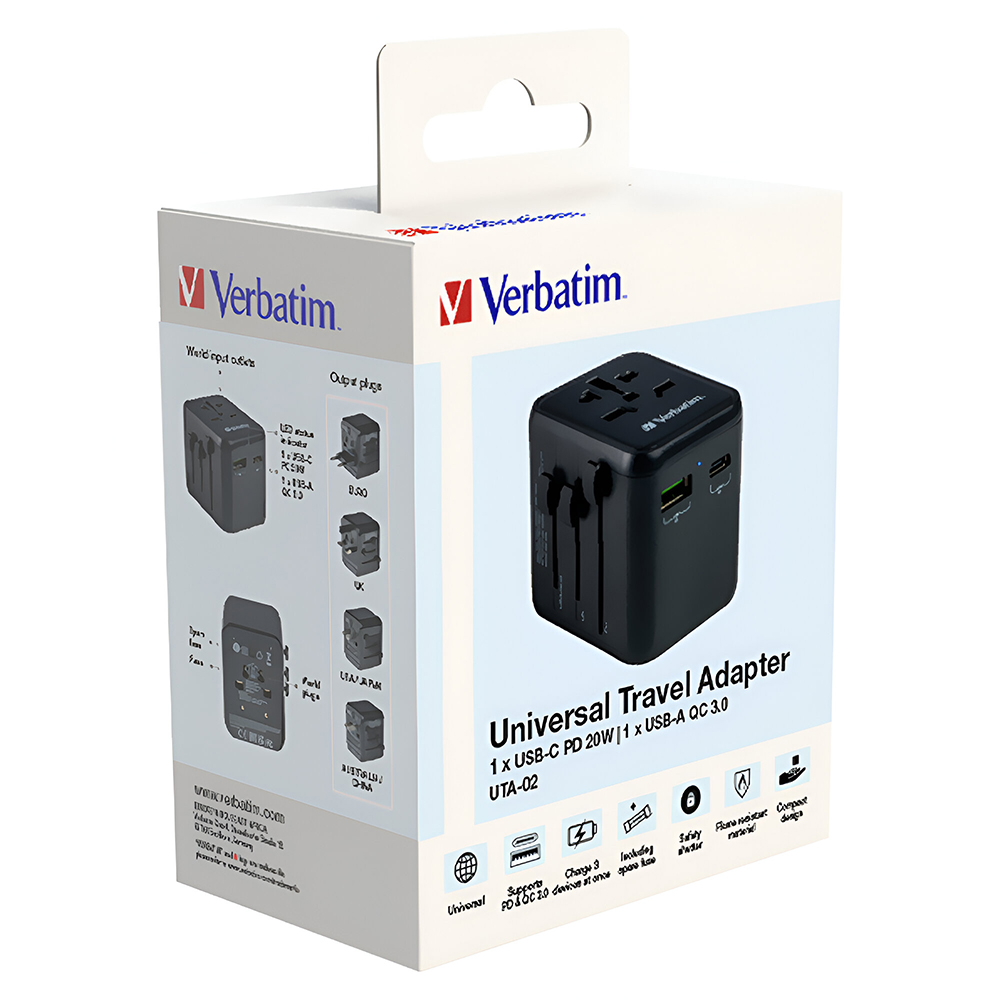 Adaptador Tomada Universal Verbatim UTA-02 / USB-C / USB QC 3.0 / 20W - Preto