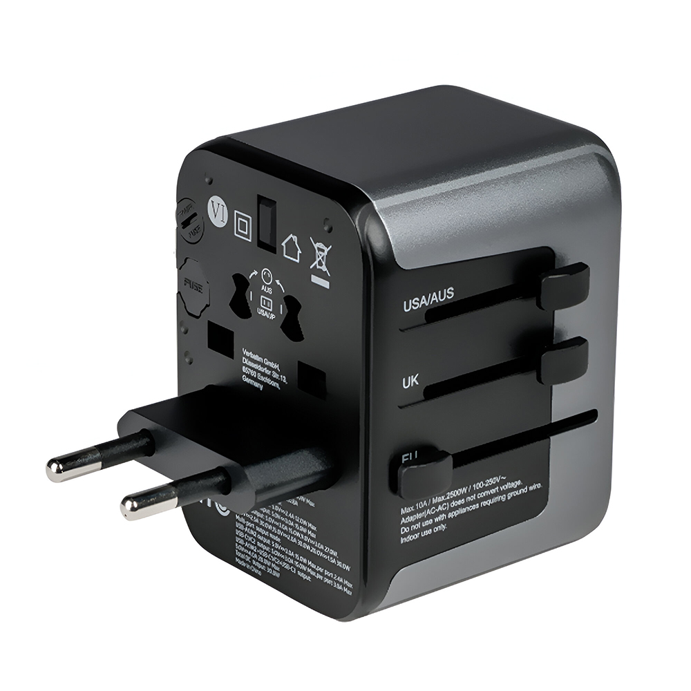 Adaptador Tomada Universal Verbatim UTA-03 / USB-C QC 3.0 / 2 USB-C / 2 USB / 30W - Preto