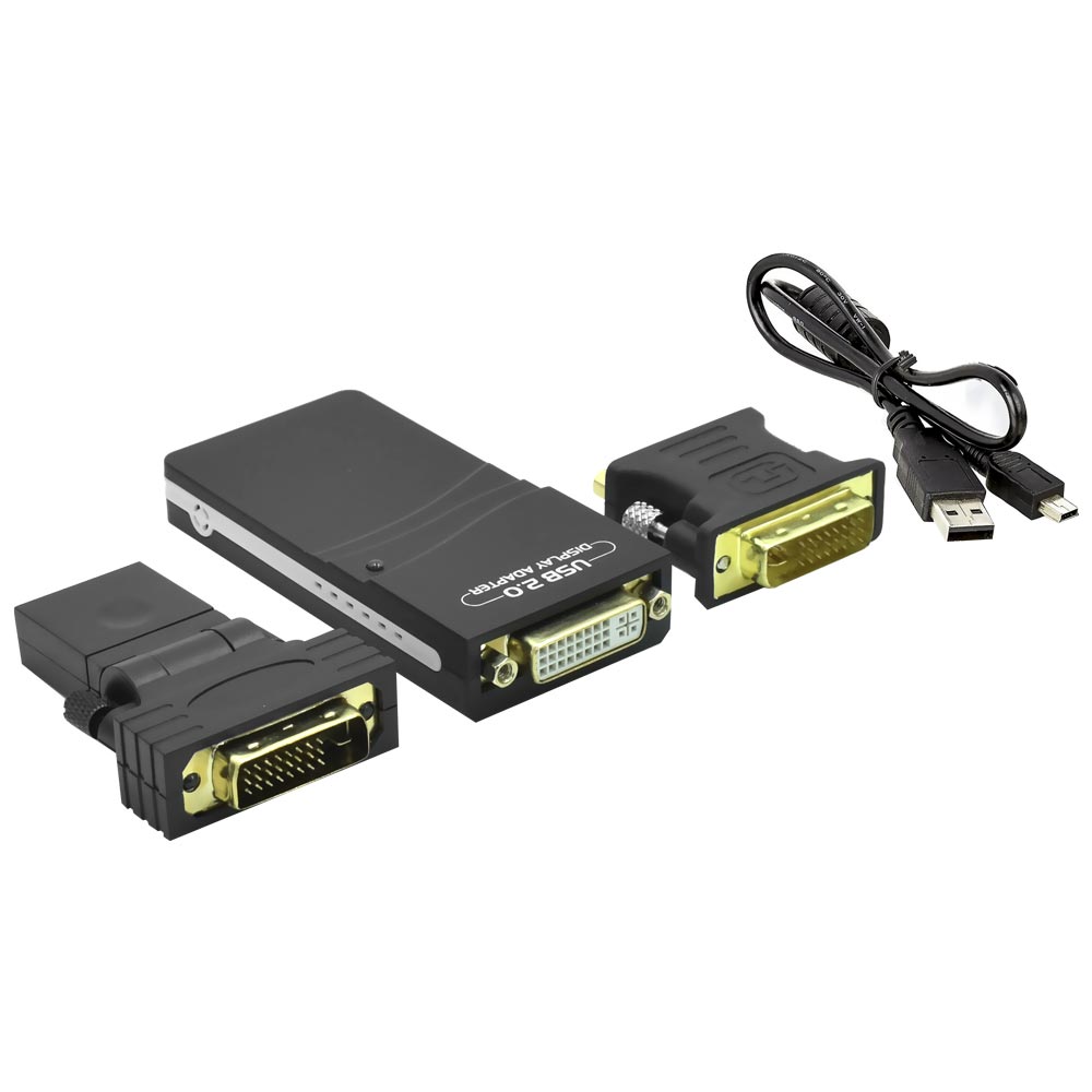 Kit Adaptador Multi-display Mini USB 2.0 para DVI Fêmea / DVI Macho para HDMI Fêmea / DVI Macho para VGA - Preto