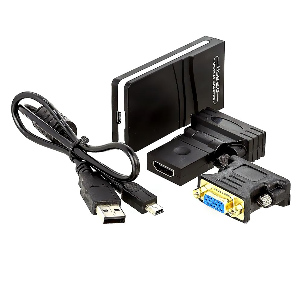 Kit Adaptador Multi-display Mini USB 2.0 para DVI Fêmea / DVI Macho para HDMI Fêmea / DVI Macho para VGA - Preto
