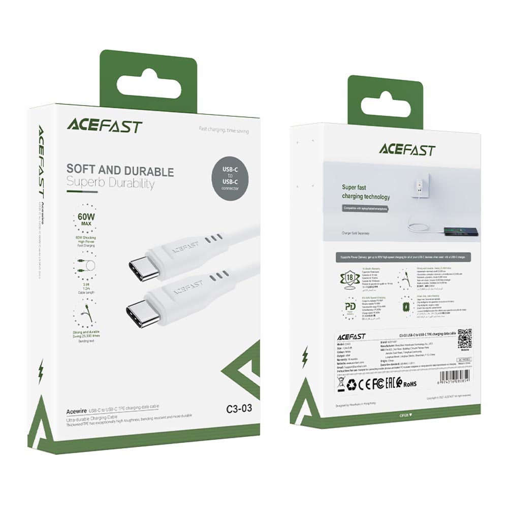 Cabo Acefast C3-03 USB-C Macho A USB-C Macho 1.2M - Branco