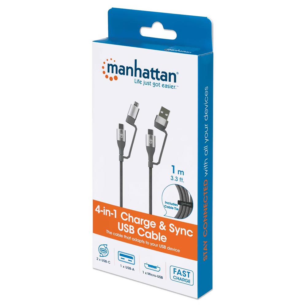 Cabo Manhattan 390606 4 em 1 / 2 USB-C Macho / Micro USB / USB Macho Cinza - 1M