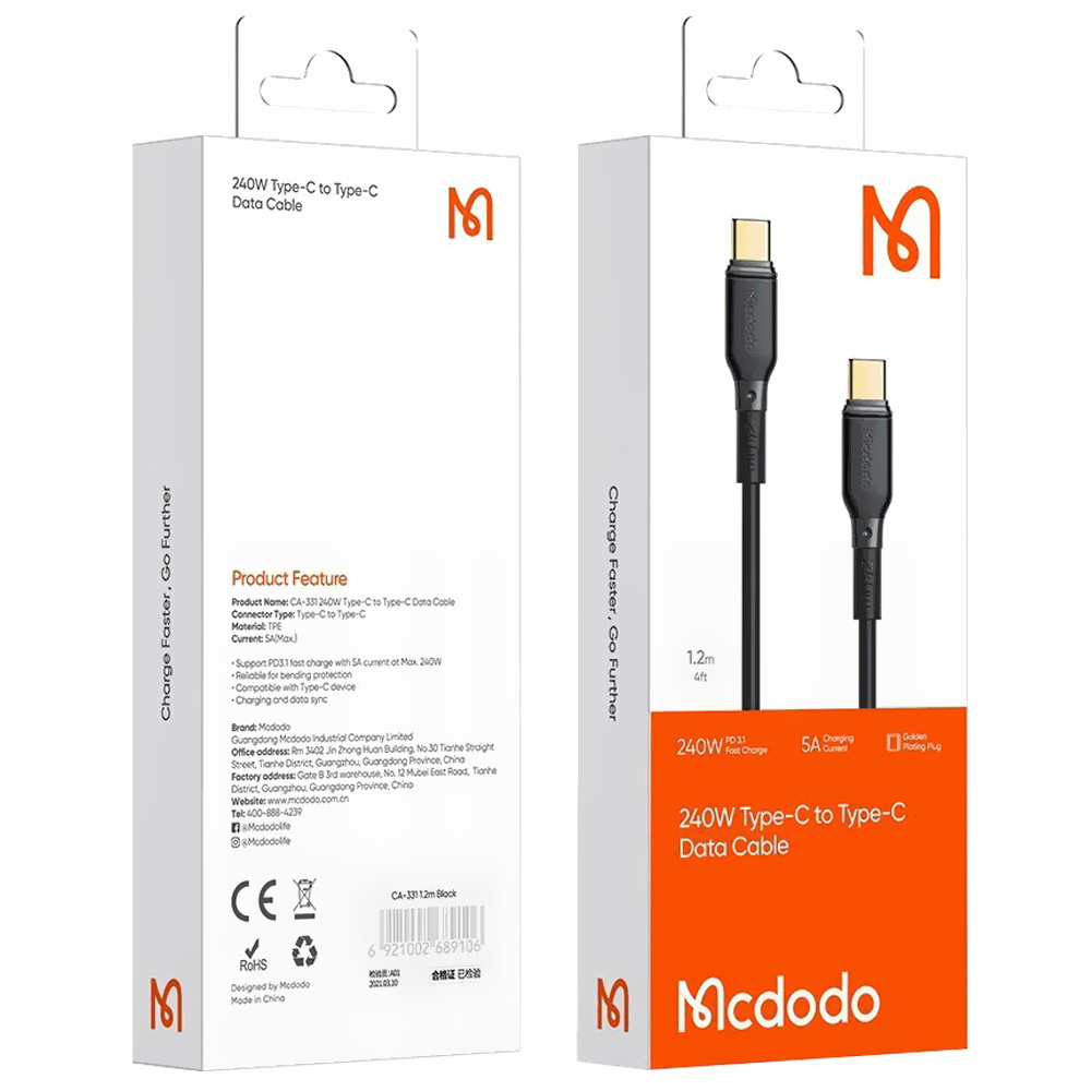 Cabo Mcdodo CA-3310 USB-C Macho para USB-C Macho 1.2M - Preto