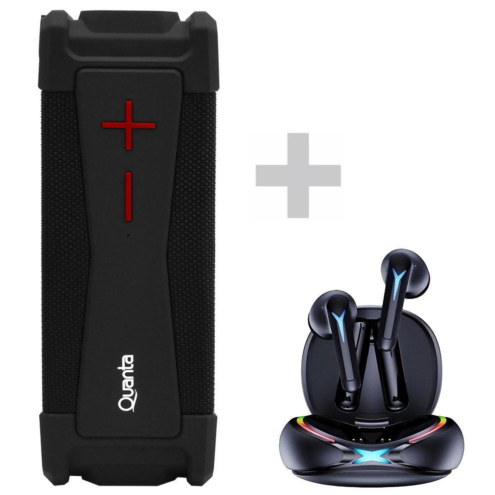 Caixa de Som Quanta QTSPT20 Blueooth / USB / FM / Aux / Micro SD - Preto + Fone de Ouvido QTAGE10