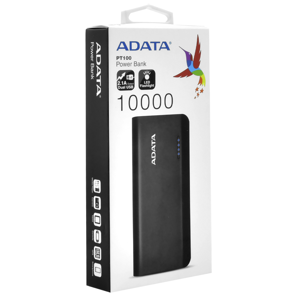 Carregador de Bateria Adata Pt100 10000mah Power Bank 02-saidas Usb Preto/Verde