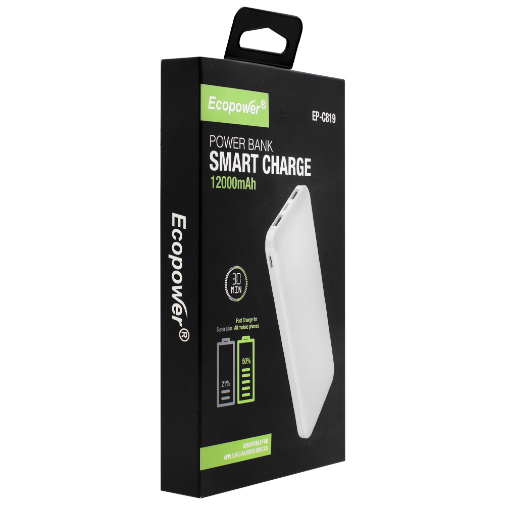Carregador Portátil Ecopower EP-C819 12000MAH USB / USB-C / Micro USB - Branco