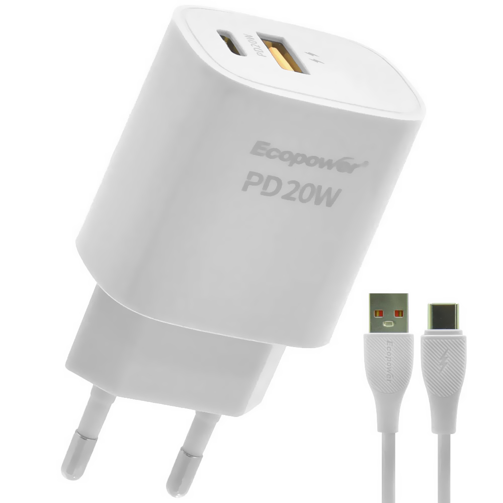 Carregador Tomada Ecopower EP-7022 20W USB / USB-C - Branco + Cabo USB / USB-C