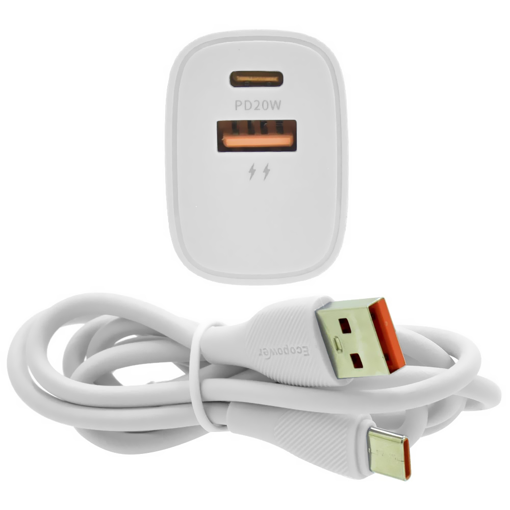 Carregador Tomada Ecopower EP-7022 20W USB / USB-C - Branco + Cabo USB / USB-C