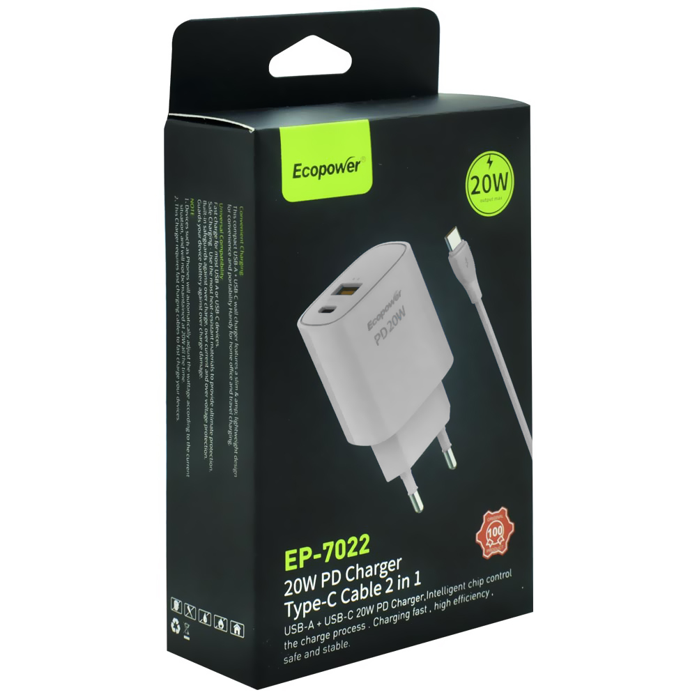 Carregador Tomada Ecopower EP-7022 20W USB / USB-C - Branco + Cabo USB / USB-C