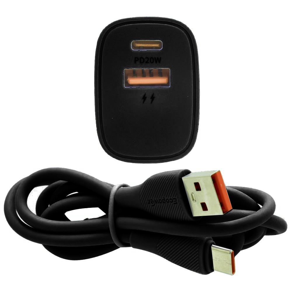 Carregador Tomada Ecopower EP-7022 20W USB / USB-C - Preto + Cabo USB / USB-C