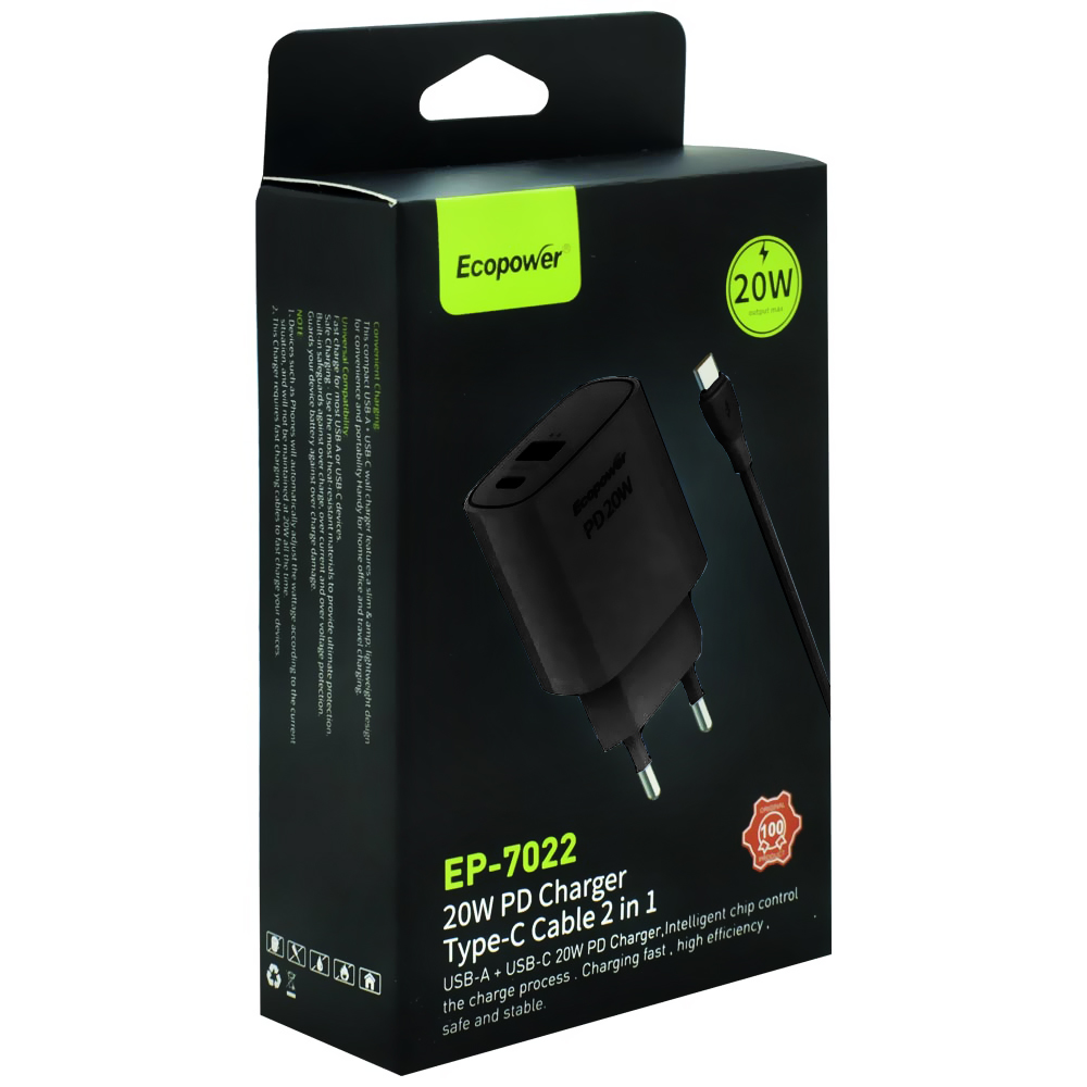 Carregador Tomada Ecopower EP-7022 20W USB / USB-C - Preto + Cabo USB / USB-C