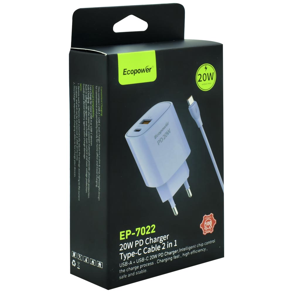 Carregador Tomada Ecopower EP-7022 USB / Type-C + Cabo USB / Type-C - Roxo