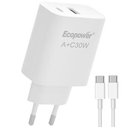 Carregador Tomada Ecopower EP-7091 30W USB-C / USB - Branco + Cabo USB-C / USB-C