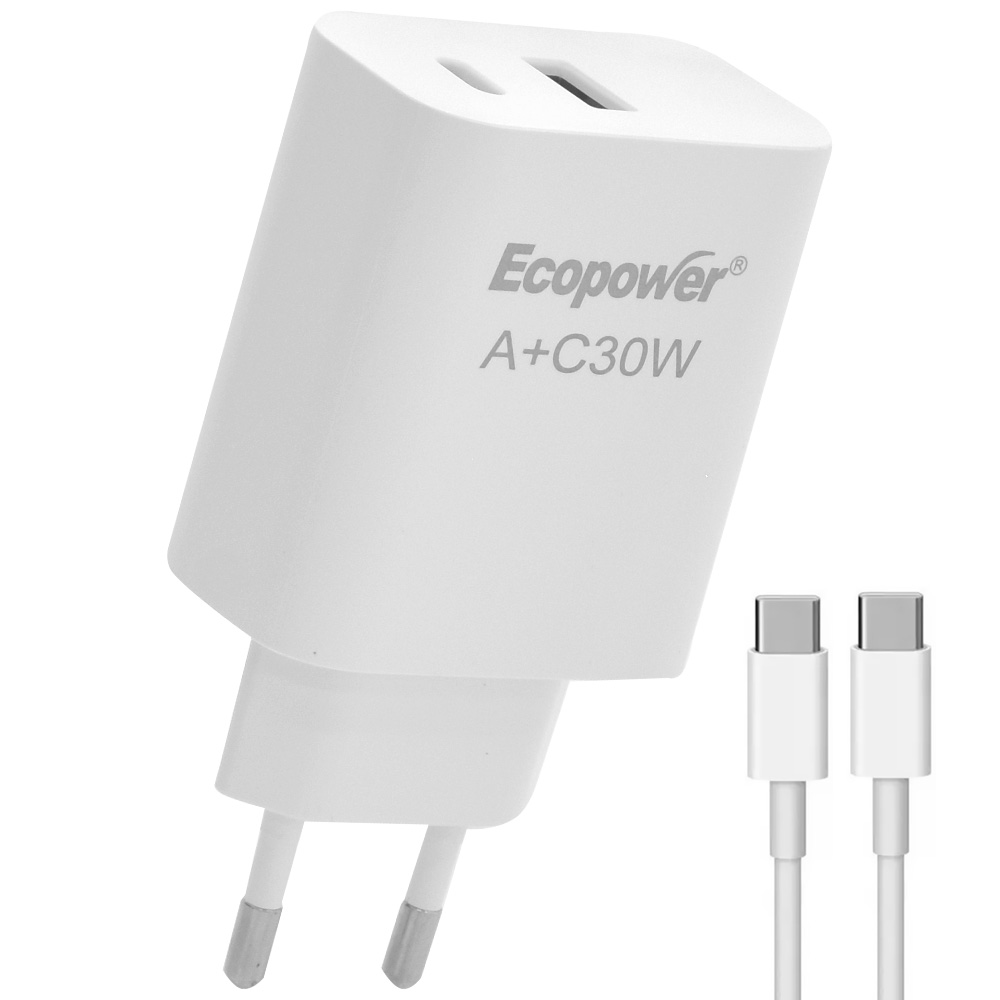 Carregador Tomada Ecopower EP-7091 30W USB-C / USB - Branco + Cabo USB-C / USB-C