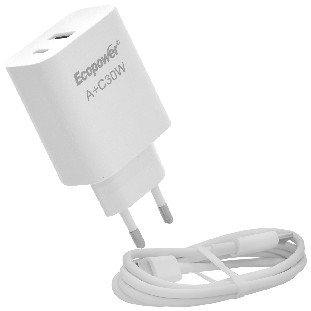 Carregador Tomada Ecopower EP-7091 30W USB-C / USB - Branco + Cabo USB-C / USB-C