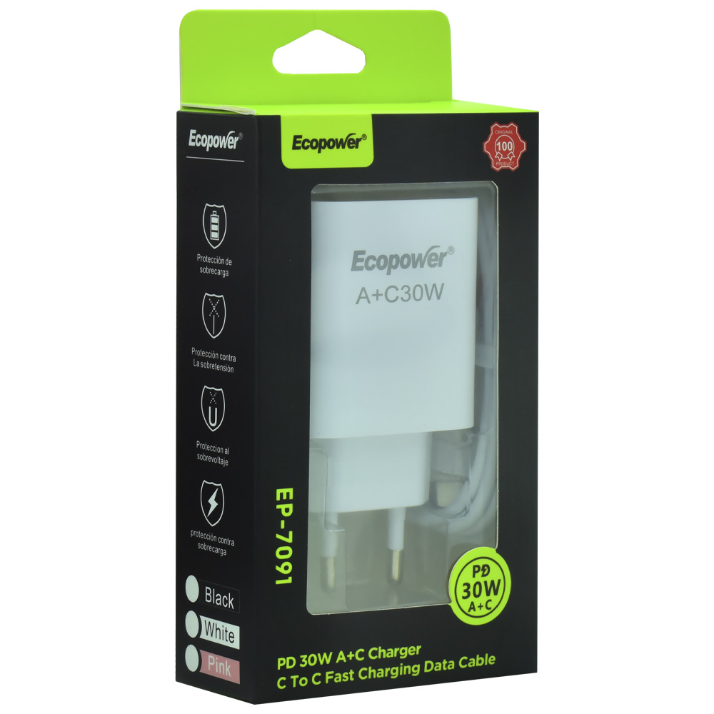 Carregador Tomada Ecopower EP-7091 30W USB-C / USB - Branco + Cabo USB-C / USB-C