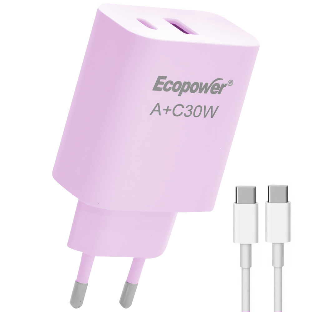 Carregador Tomada Ecopower EP-7091 30W USB-C / USB - Rosa + Cabo USB-C / USB-C