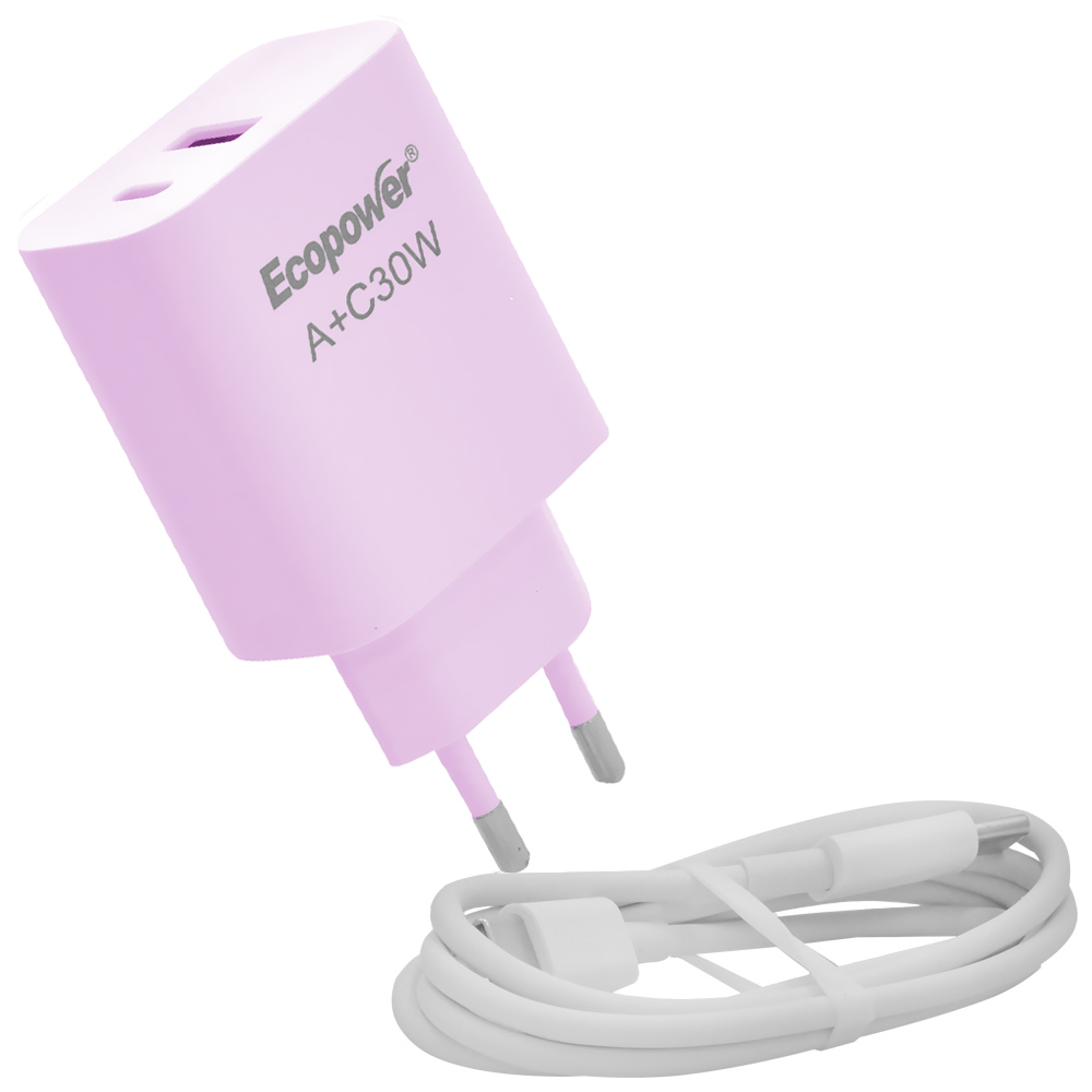 Carregador Tomada Ecopower EP-7091 30W USB-C / USB - Rosa + Cabo USB-C / USB-C