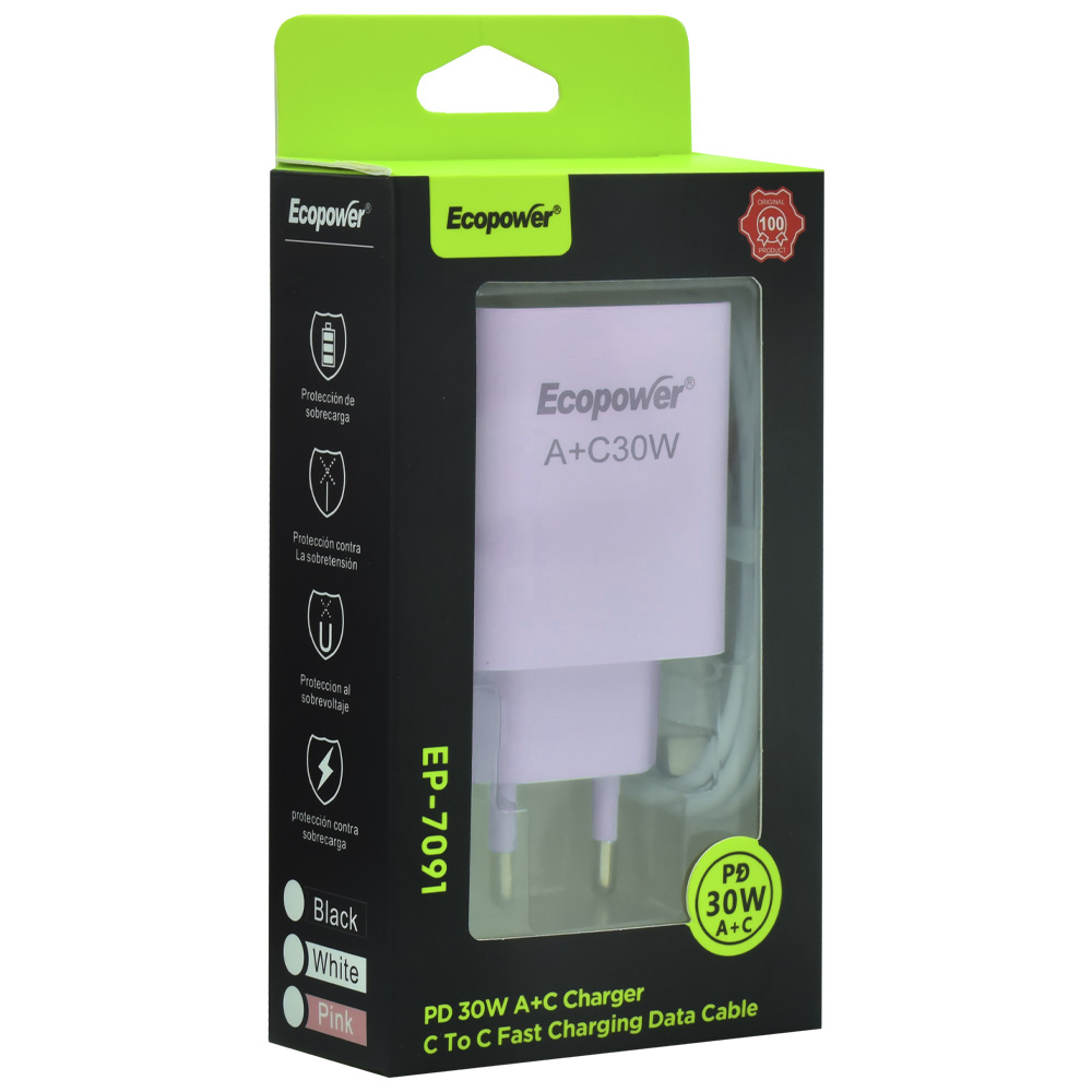 Carregador Tomada Ecopower EP-7091 30W USB-C / USB - Rosa + Cabo USB-C / USB-C