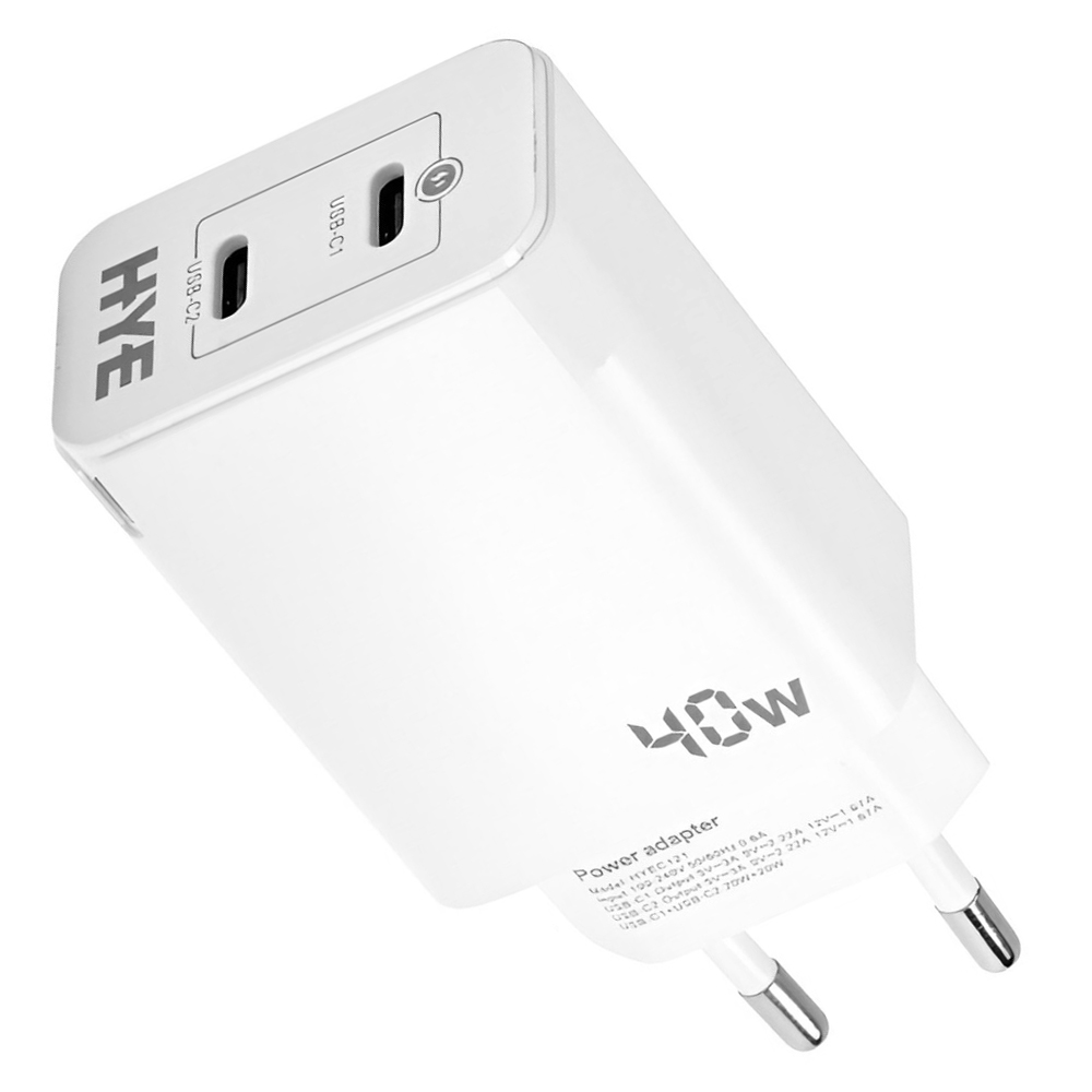 Carregador Tomada HYE HYEC121L 2 USB-C / 40W - Branco + Cabo USB-C / Lightning