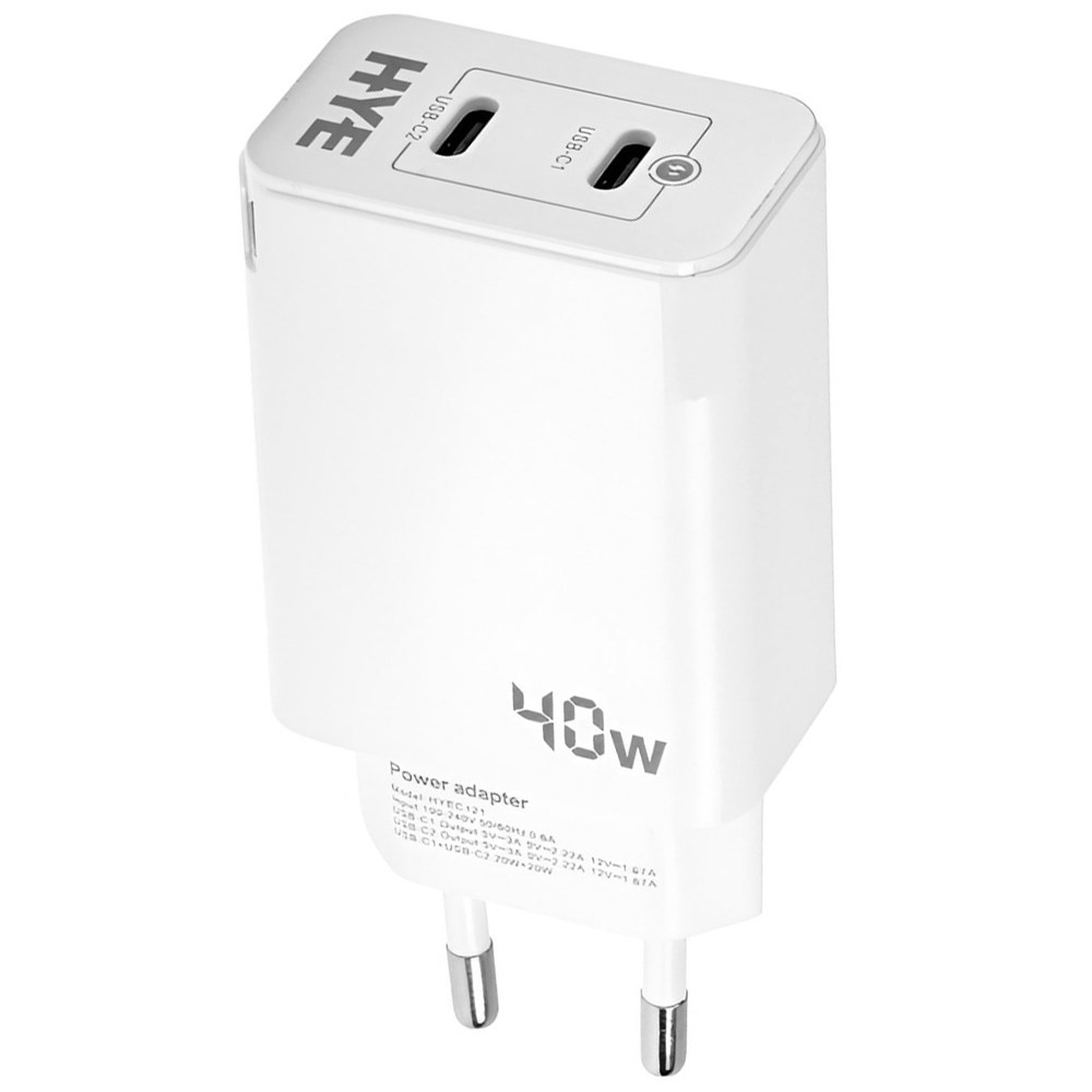 Carregador Tomada HYE HYEC121L 2 USB-C / 40W - Branco + Cabo USB-C / Lightning