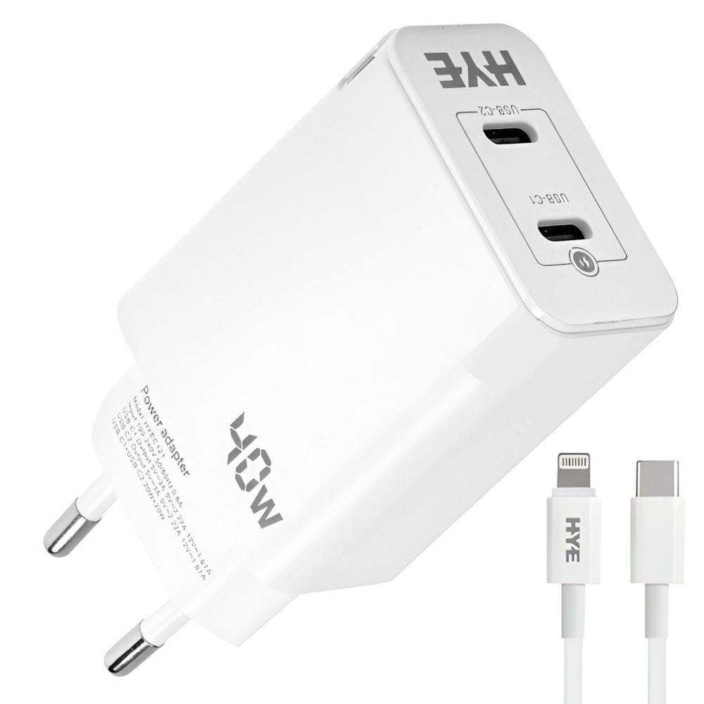 Carregador Tomada HYE HYEC121L 2 USB-C / 40W - Branco + Cabo USB-C / Lightning