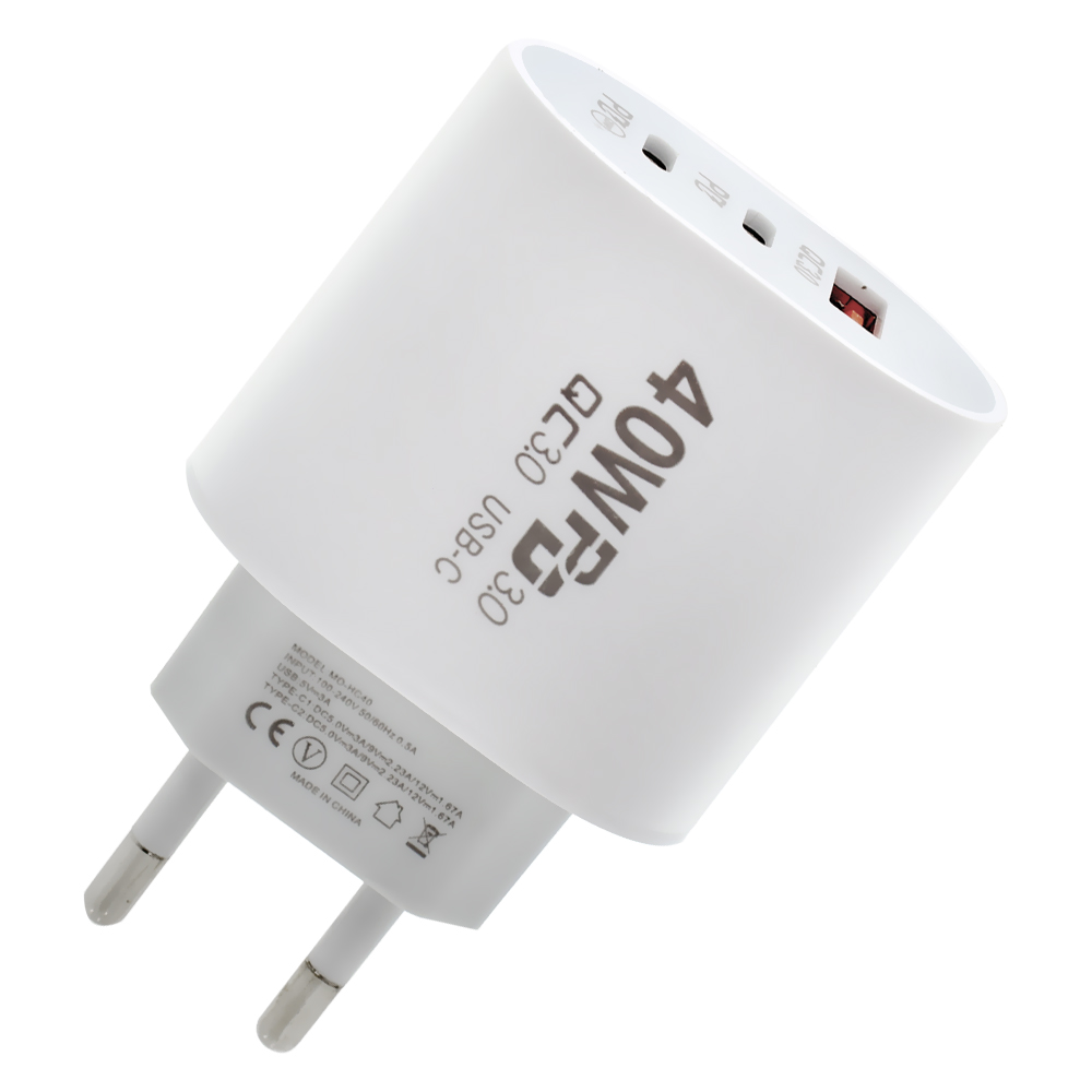 Carregador Tomada Mox MO-HC40 USB / USB-C / 40W - Branco