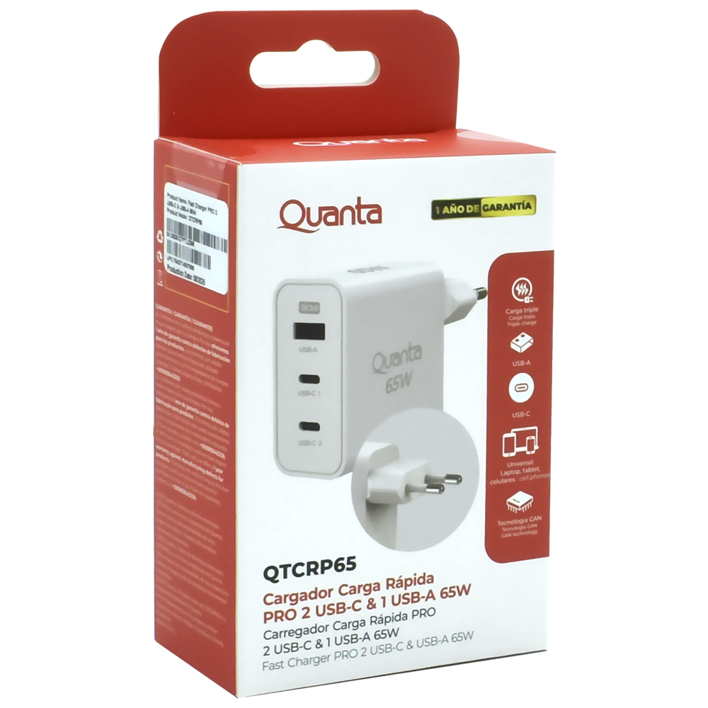 Carregador Tomada Quanta QTCRP65 USB / USB-C / 65W - Branco