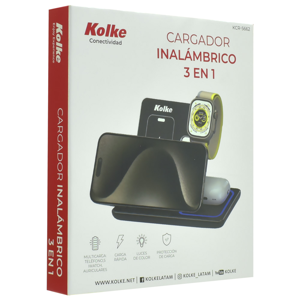 Estação de Carregamento Kolke KCR-5662 Magnético Wireless / 15W - Preto (3 em 1)