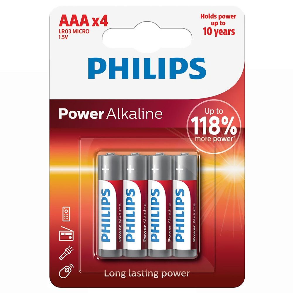 Pilhas Philips Alkaline Power AAA com 4 Pilhas - LR03P4B/97