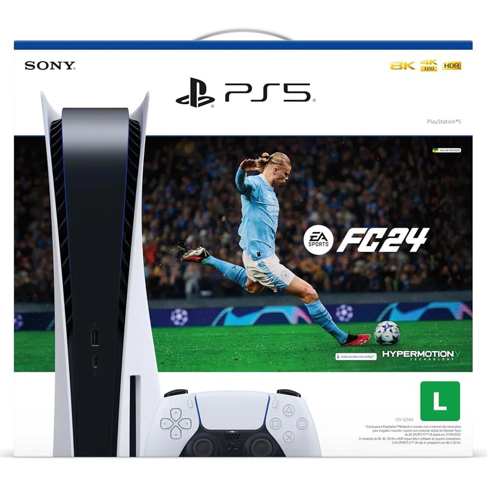 Console Sony Playstation 5 CFI-1215A 825GB / 8K / 4K / Bivolt - Branco + Jogo Easport FC24 Ultimate Team