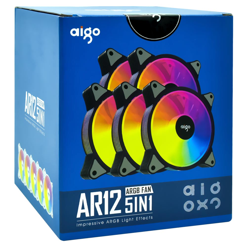 Cooler para Gabinete Aigo AR12 12X12 LED ARGB Preto - Kit com 5 