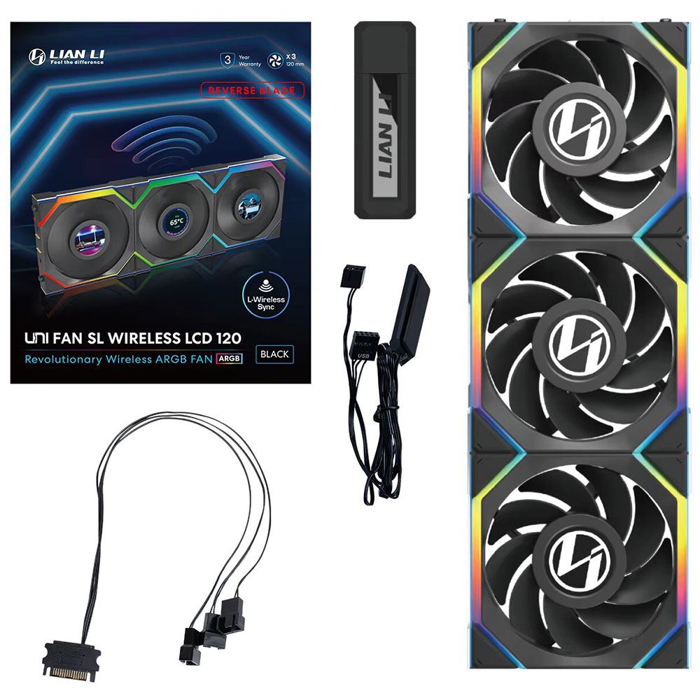 Cooler para Gabinete Lian Li Uni Fan SL Wireless LCD 120 Reverse Blade 12X12 LED RGB Preto - Kit com 3 (12RSLLCD1W3B)