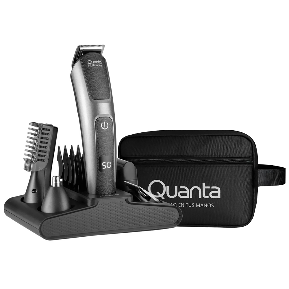 Barbeador Quanta QTAPK20 Recarregavel - Cinza + Estojo (Kit 12 em 1)