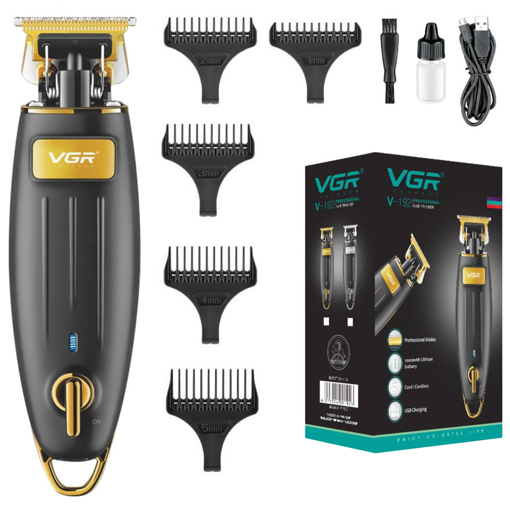 Maquina de Cortar Cabelo Profecional VGR V-192 Recarregavel - Preto / Dourado (Kit)