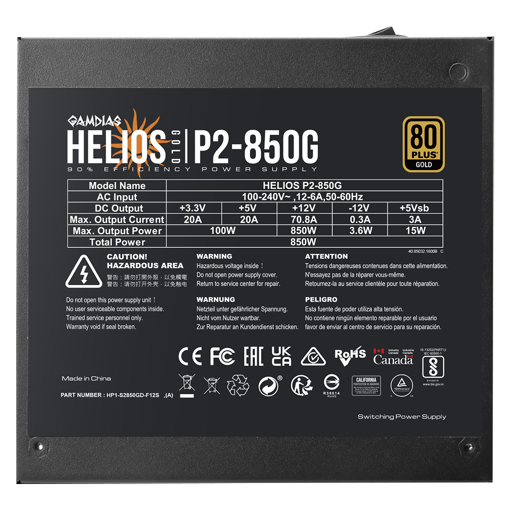 Fonte de Alimentação Gamdias Helios P2-850G  850W ATX / Não Modular / 80 Plus Gold