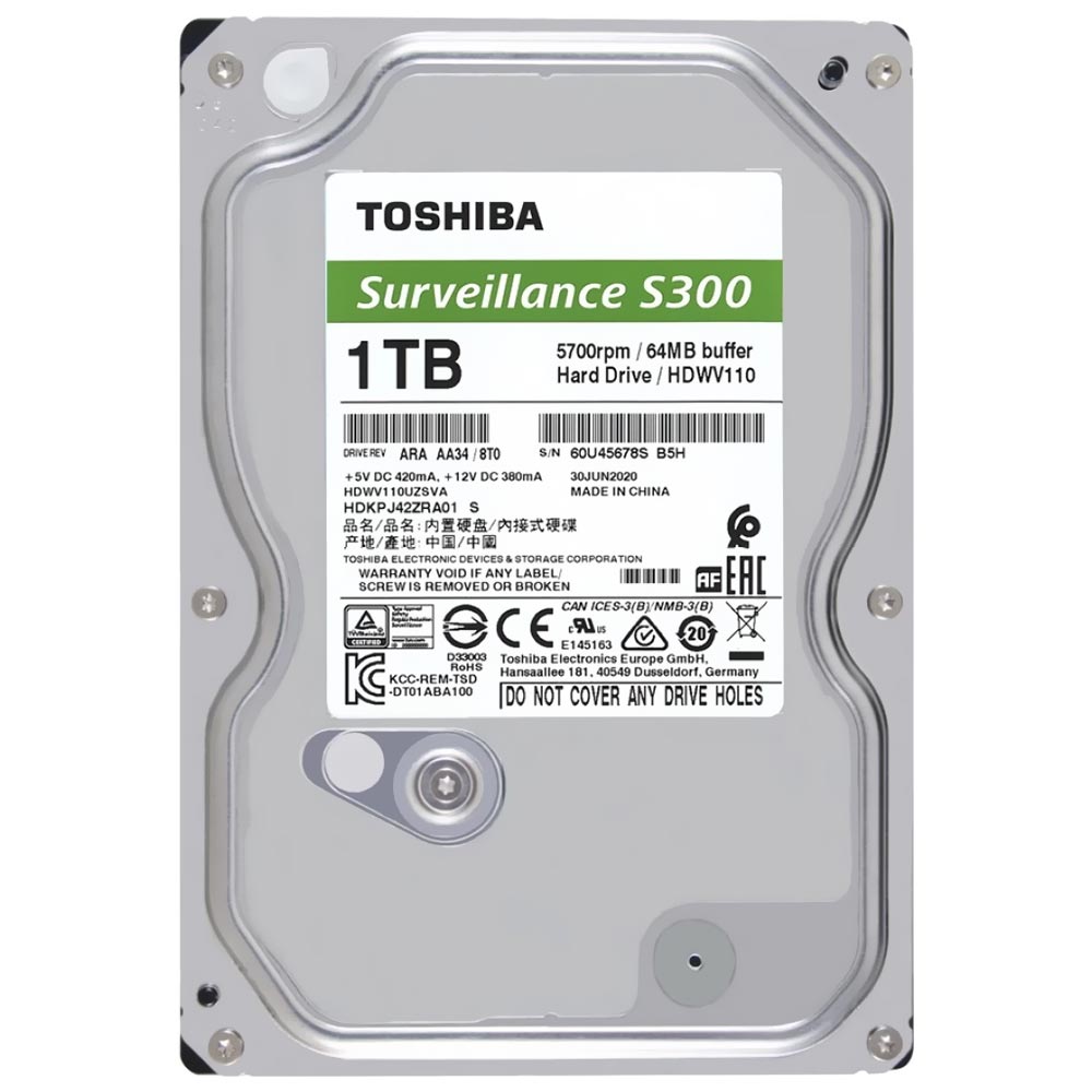 HD Toshiba 1TB S300 Surveillance 3.5" SATA 3 5400RPM - HDWV110UZSVA