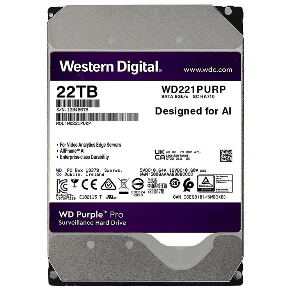 HD Western Digital 22TB WD Purple Pro 3.5" SATA 3 7200RPM - WD221PURP (GARANTIA BR)