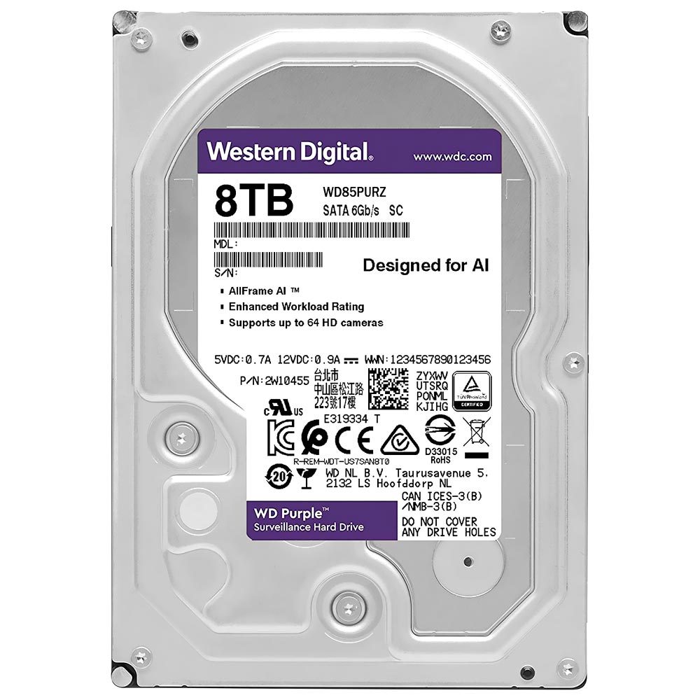 HD Western Digital 8TB WD Purple Surveillance 3.5" SATA 3 5640RPM - WD85PURZ (Garantia Py)