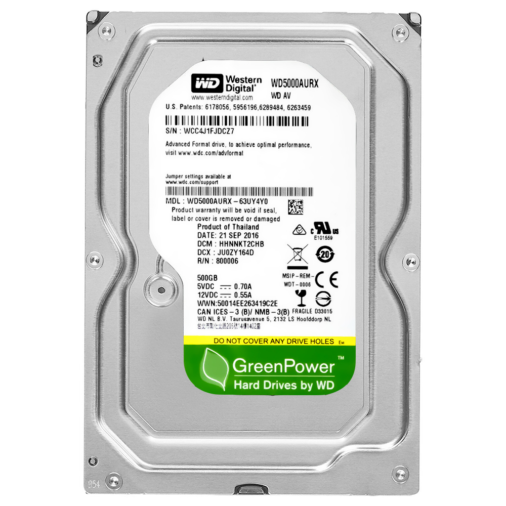 HD Western Digital 500GB WD Green 3.5" SATA 3 5400RPM Pull - WD5000AURX