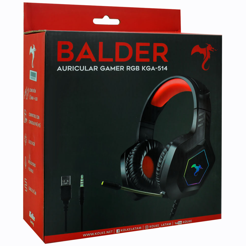 Fone Gamer Kolke KGA-514 Balder RGB / Com Fio - Preto / Vermelho