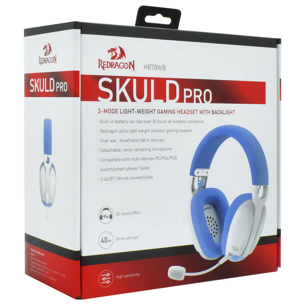 Fone Gamer Redragon H878WB Skuld Pro / Wireless - Branco / Azul