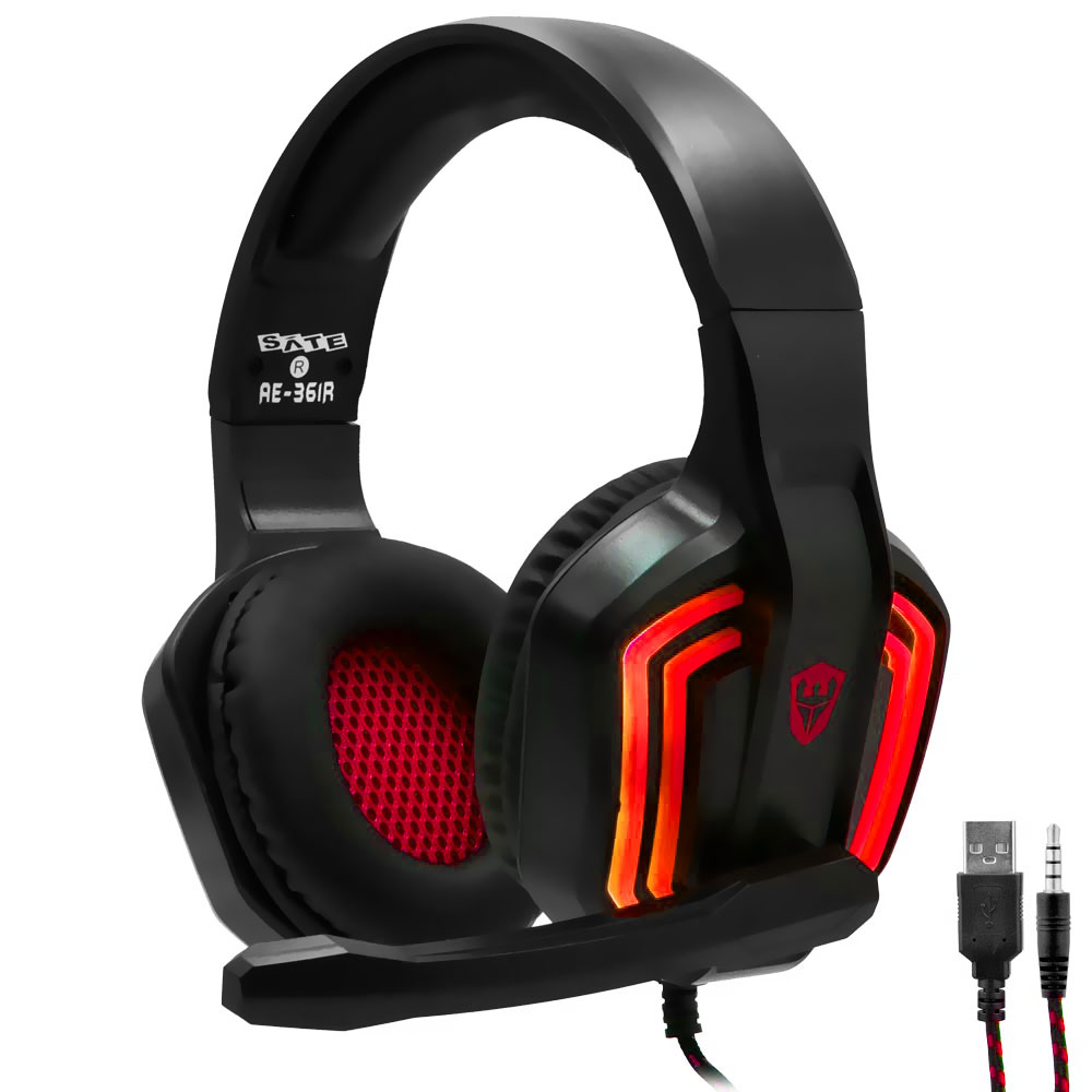 Fone Gamer Satellite AE-361R LED / Com Fio - Preto / Vermelho