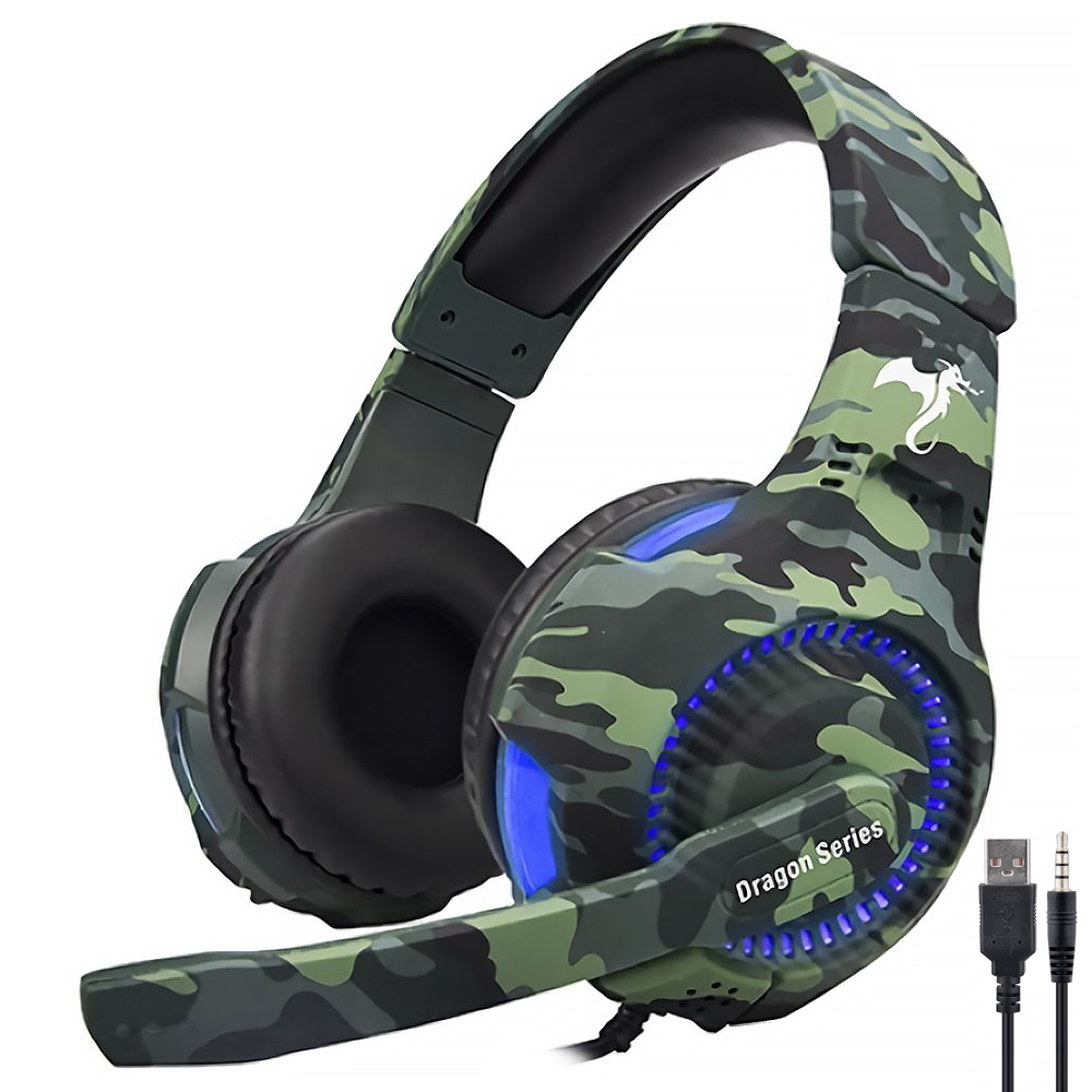 Headset Gamer Kolke KGA-487 Trooper LED / Com Fio - Azul / Camuflado