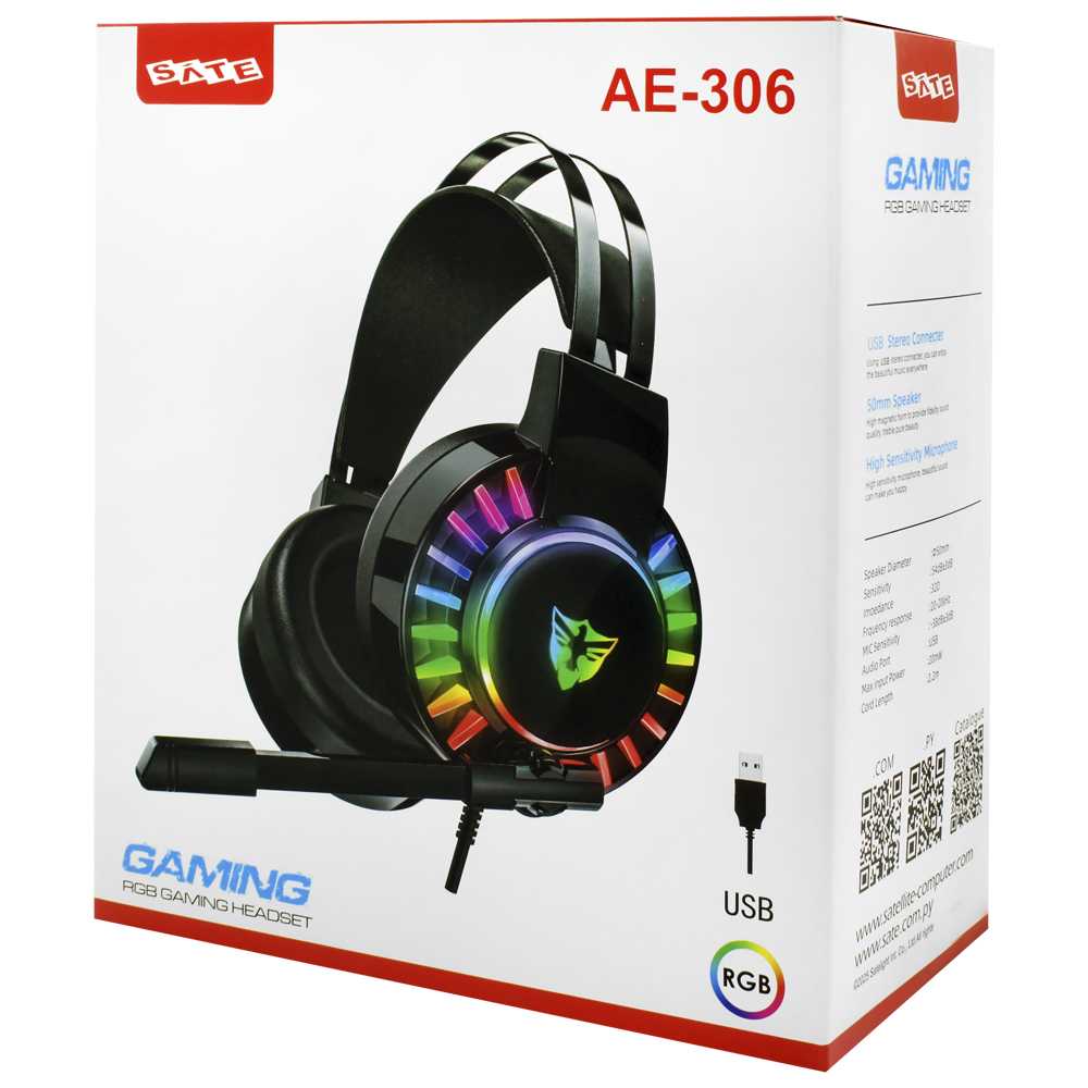 Headset Gamer Satellite AE-306 RGB / Com fio - Preto