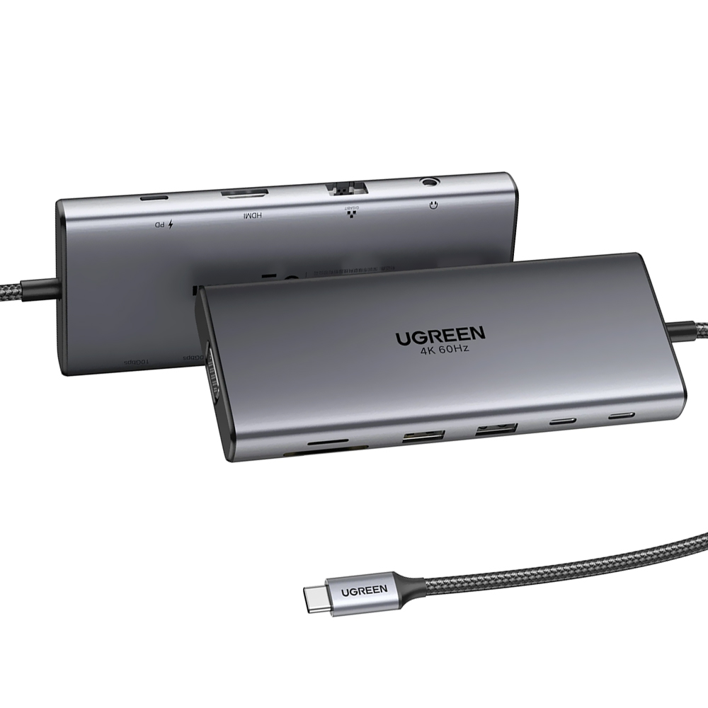 HUB 11P. USB TYPE-C 3.1 UGREEN CM639 4K 60Hz HDMI/2USB 3.0/2TYPE-C FEMEA/LAN/SD/TF/VGA/AUDIO CINZA