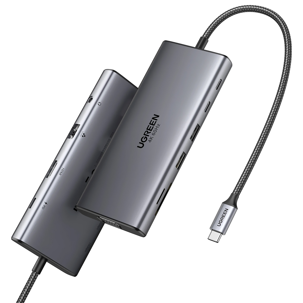 HUB 11P. USB TYPE-C 3.1 UGREEN CM639 4K 60Hz HDMI/2USB 3.0/2TYPE-C FEMEA/LAN/SD/TF/VGA/AUDIO CINZA